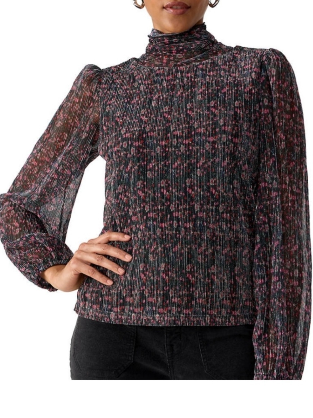 Sanctuary Night Dream Lurex Metallic Turtleneck Top Size Medium Ribbed Floral